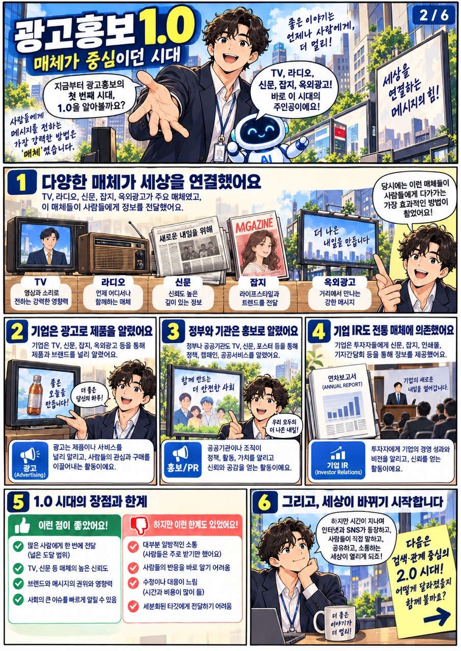 2장. 광고홍보 1.0 · 매체가 중심이던 시대. 기업과 기관은 TV·라디오·신문·잡지 등 매체를 통해 사람들에게 알렸습니다.