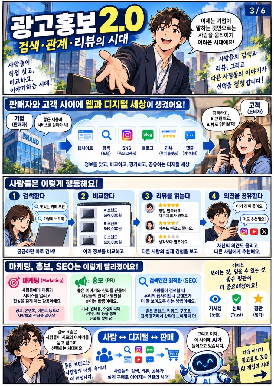 3장. 광고홍보 2.0 · 검색·관계·리뷰의 시대. 사람들은 직접 검색하고, 비교하고, 리뷰를 읽고, 다른 사람과 의견을 나눴습니다.