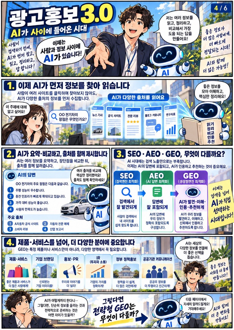 4장. 광고홍보 3.0 · AI가 사이에 들어온 시대. AI가 여러 정보를 찾아 읽고, 요약·비교·추천하는 탐색이 더해졌습니다.