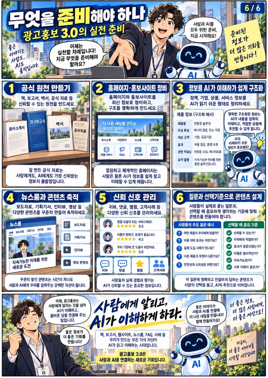 6장. 무엇을 준비해야 하나. 공식 원천, 홈페이지, AI가 이해하기 쉬운 정보 구조, 콘텐츠, 신뢰 신호와 고객 질문을 함께 점검합니다.