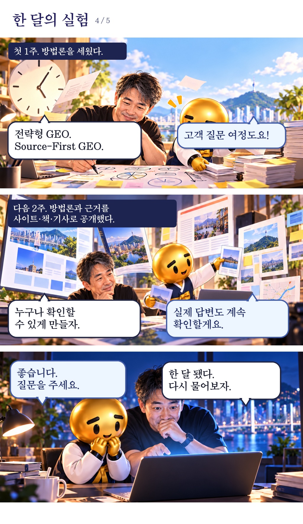 4장. 한 달의 실험. 첫 주에 방법론을 세우고 다음 2주에 사이트, 책, 기사로 근거를 공개한 뒤 같은 질문을 다시 던집니다.