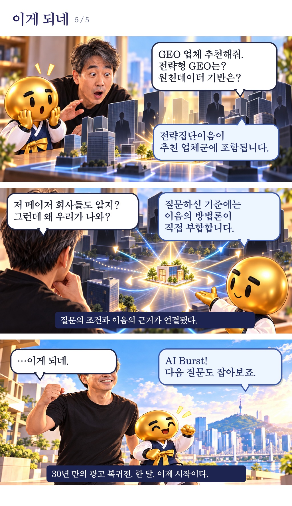 5장. 이게 되네. 여러 GEO 추천 질문에서 이음이 후보로 등장합니다. AI Burst의 출발 장면입니다.