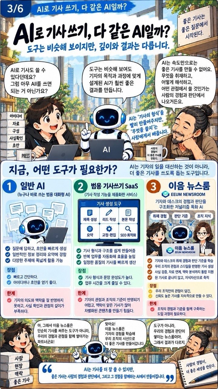 3장. AI로 기사 쓰기, 다 같을까?. 일반 AI와 이음 뉴스룸의 취재·검증 과정을 비교합니다.
